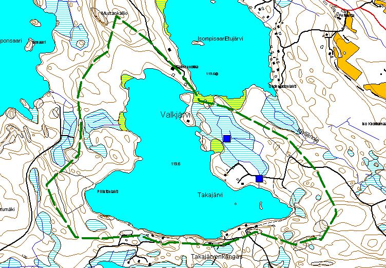 Kuva 1. Valkjärven valuma-alueen metsätalouden vesiensuojelukohteita. Kartta: Maanmittauslaitos lupa no: VASU/163/00, valuma-aluerajaus maastokartan korkeuskäyrien perusteella tekijän. 2.