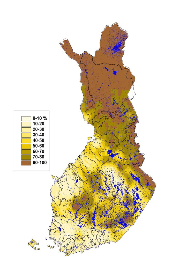 Luonnonhuuhtouman ja metsätaloustoimenpiteiden osuus (%)