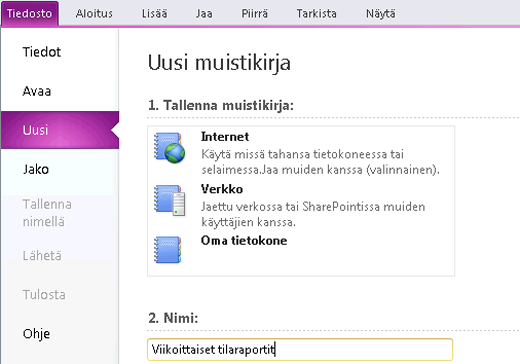 Missä Ohjattu muistikirjan luominen - toiminto on? OneNotessa voit käsitellä useita muistikirjoja samanaikaisesti.