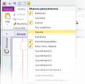 Pidä useimmin käyttämäsi komennot käsillä OneNote-ohjelmaikkunan vasemmassa yläkulmassa on pikatyökalurivi, jossa on usein käyttämiesi komentojen pikanäppäimet.