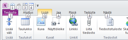 Tietoja näppäinvihjeistä Microsoft OneNote 2010 sisältää valintanauhan pikanäppäimiä (eli näppäinvihjeitä), joilla voit suorittaa tehtäviä nopeasti hiirtä käyttämättä.