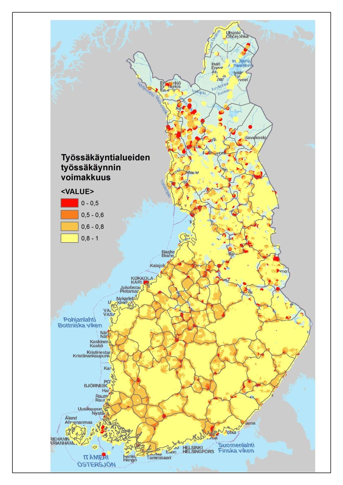 Työssäkäynnin jakautuminen eri työssäkäyntialueelle Osuus