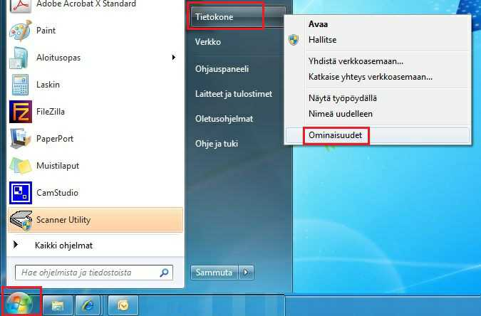 <Yhteensopivat käyttöjärjestelmät> Windows Macintosh Windows 1. Napsauta hiiren kakkospainikkeella Työpöydällä olevaa Tietokone tai Oma tietokone kuvaketta ja valitse Ominaisuudet.