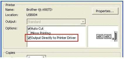 Jotkut tarran osat jäävät tulostumatta vaikka tarra näkyy näytöllä oikein. Mistä tämä johtuu? Tarkista että tulostinohjaimen valintaruutu "Output Directly to Printer Driver" on valittuna. 1.