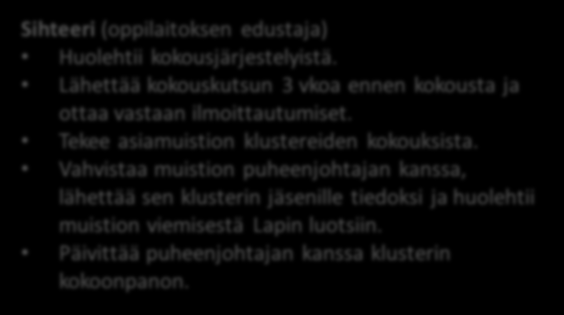 Valmistelee kokousten asialistan ennakointikoordinaattorin kanssa. Päivittää sihteerin kanssa klusterin kokoonpanon.