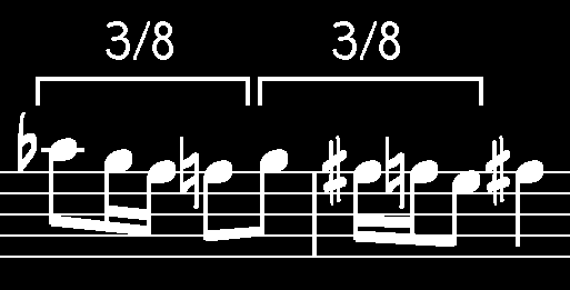 12 tahdissa, tahdeissä 91 94 (kuva 12), hän soittaa sekvenssin, jossa kolme ensimmäistä osaa ovat kokosävelaskeleen päässä toisistaan ja viimeinen on puoli sävelaskelta edellistä alempana. Kuva 11.