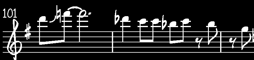 Ensimmäisen A-osan neljännessä tahdissa, tahdeissa 101 102 (kuva 13), hän käyttää blues-asteikkoa.