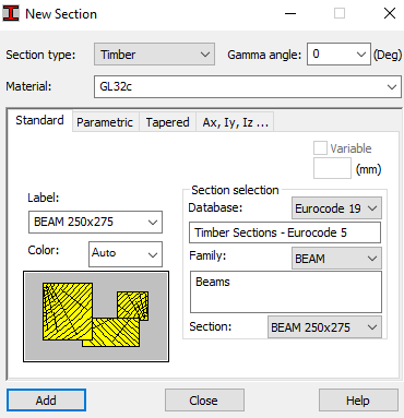 Bar type-kohtaan valitaan Beam (palkki) ja Section- kohdasta valitaan haluttu poikkileikkaus.