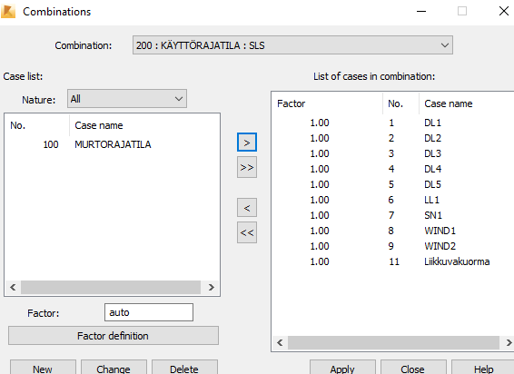 Kun kuormitukset on määritelty, voidaan määritellä rajatilojen mukaiset kuormitusyhdistelmät. Valitaan Loads ja Automatic Combinations.