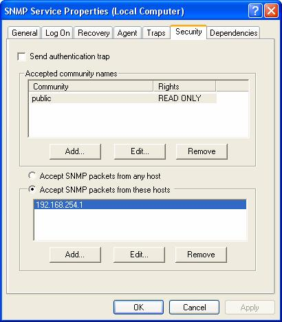 30 Kuva 11. SNMP-palvelun ominaisuudet Windows-järjestelmän oma SNMP-agentti ei tue kuin SNMP:n versioita yksi ja kaksi.