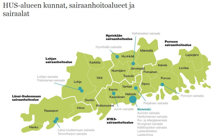 19 Kuvio 3. Helsingin ja Uudenmaan sairaanhoitopiiri kartta (HUS 2015.) Osa Helsingin ja Uudenmaan sairaanhoitopiirin kuntayhtymän organisaatiota on kunnallinen liikelaitos HUSLAB.