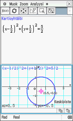 Origon ja ympyrän keskipisteen kautta kulkevan suoran yhtälö voidaan hakea esim. piirtämällä suora Geometria-sovellukseen. Suoran yhtälöksi saadaan y = -x.