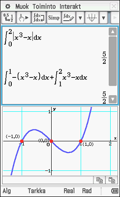 ClassPad fx-cp400 laskee annetun integraalin arvon suoraan. Voidaan myös ratkaista funktion nollakohdat annetulla välillä ja integroida osissa. Vastaus on.