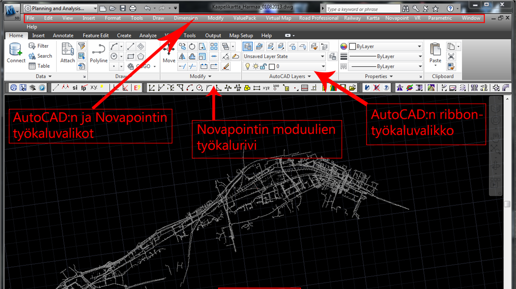 23 Käyttöliittymältään Novapoint ei poikkea ohjelman työkaluvalikkoa ja -riviä lukuun ottamatta mitenkään AutoCAD-ohjelmiston käyttöliittymästä.