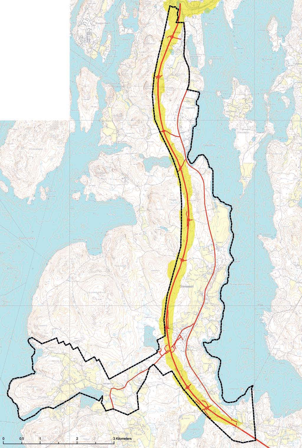 20 Kuva 2.12 Valtatien 4 uusi linjaus Oravasaari Kanavuori tiesuunnitelman mukaan. Kylän eteläpuolelle merkitty eritasoliittymä jätetään tien rakentamisen alkuvaiheessa toteuttamatta.