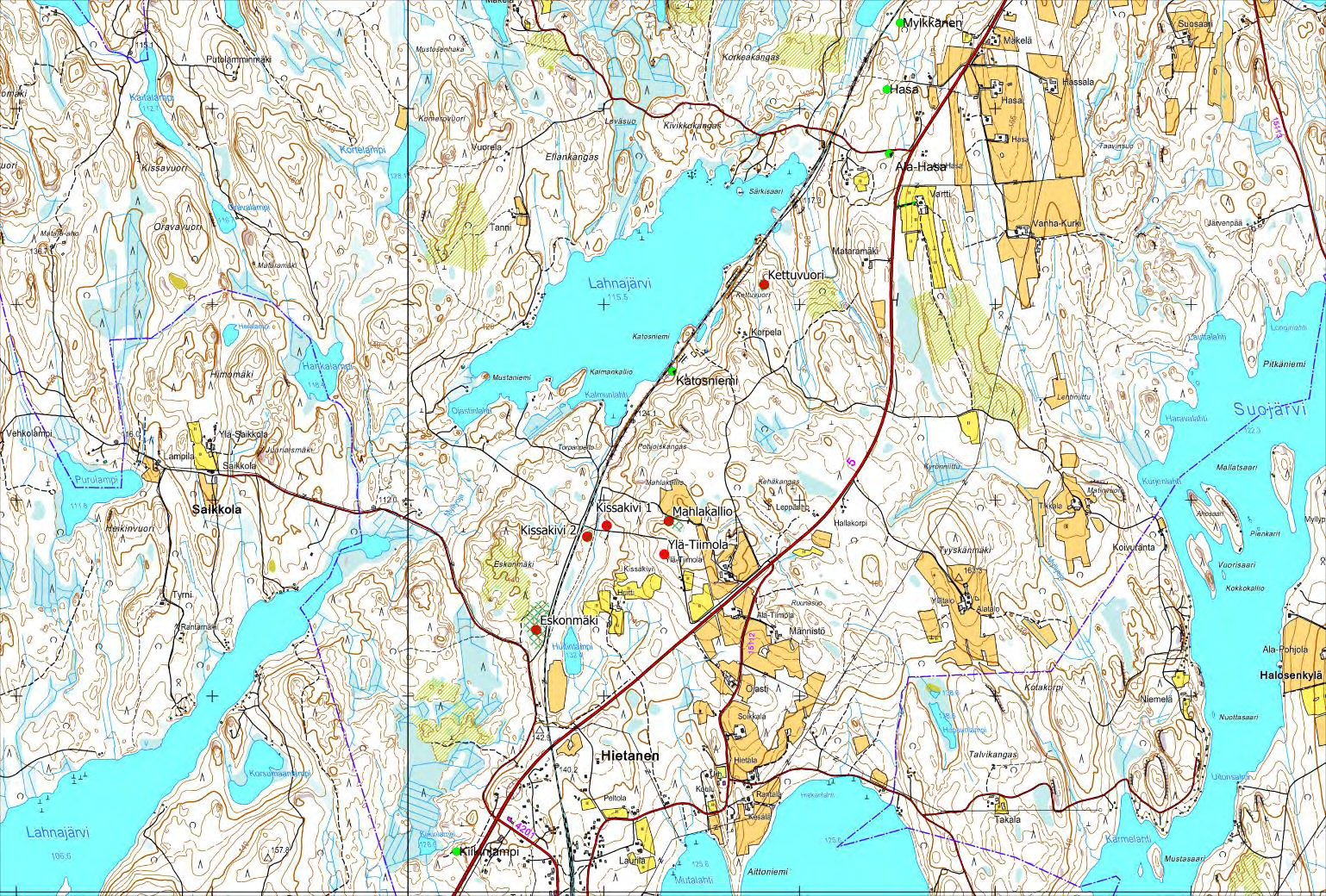 11 Kartta 3. Inventointialueen eteläosaa välillä Hietanen - Mylkkänen.