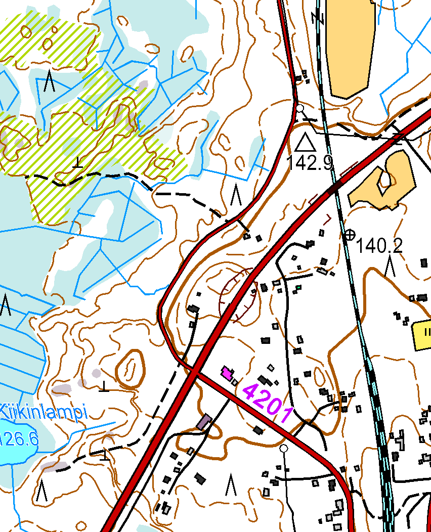 Kartta 8, sivu 51 Mahdollinen muinaisjäännös (vihreä risti) Kiikinlampi, 1000021110 Muu kultuuriperintökohde Peltola, kiviaita, 1000021116