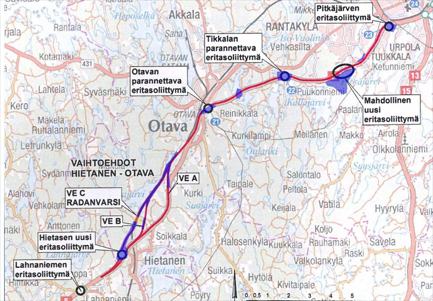 8 4. Kartta tielinjavaihtoehdoista ja maastossa tarkastetuista alueista Lähde: Valtatie 5 Hietanen-Pitkäjärvi, YVA-menettely ja yleissuunnitelma.