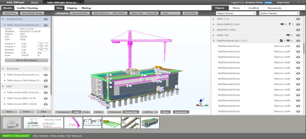 35 Tekla BIMsight on moderni ja monitoimintainen ohjelma (kuva 24). Se toimii yhdistelmämallina. Siitä saa myös tuoteraportoinnin työmaalla. Kuva 24.