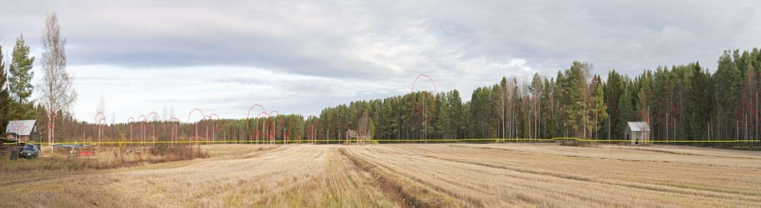 WindPro luonnos Pirkonsuontien päästä (kuvauspaikka 20). Tuulivoimalat jäisivät suurelta osin puuston katveeseen. Etäisyys lähimpiin voimaloihin noin 2,2 km.