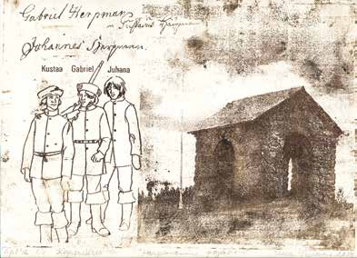 Ulla Tulonen, Herpmanin pojat, 2014, kuvansiirto, 23 x 31 cm. Käytetty Pirre Vaijärven kuvitusta Asko Martinheimon teokseen Kolme sissiä ja kuvaa Herpmanin poikien omakätisistä nimikirjoituksista.