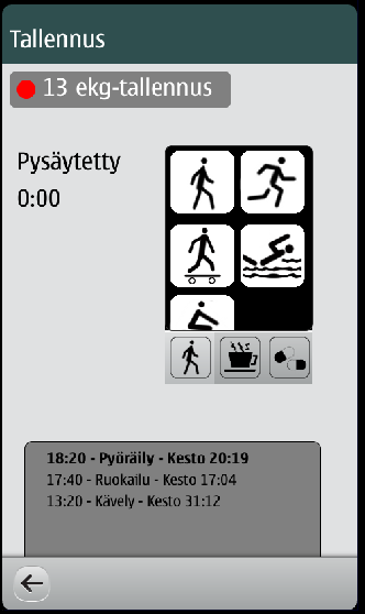 22 (43) 5.2.2 Toimintojen tallennus Toimintojen ja oireiden tallennus tapahtuu Tallennus -näytöltä (Kuva 9). Näytön oikeaan laitaan on sijoitettu eri symbolein kuvattuja toimintoja.