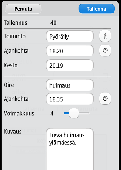 25 (43) KUVA 15: Yksittäisen tapahtuman tarkasteluikkuna muokkaustilassa. 5.3 Sivut ja Liikkuminen Sovelluksessa liikkuminen tapahtuu päävalikon ja toimintosivujen välillä.