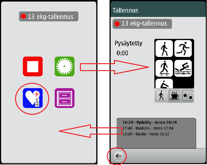 Palaaminen onnistuu työkaluriviltä löytyvän nuoli vasemmalle -painikkeen avulla. Painikkeen painaminen vierittää kuvan vastaavalla vasemmalle palaten päävalikkoon.