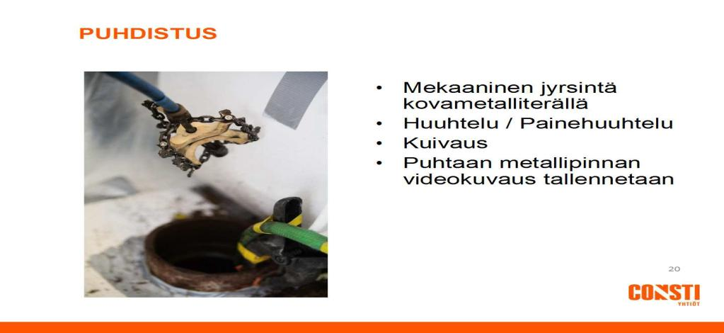 31 5 PUTKEN SISÄINEN LINJASANEERAUS Lähdemateriaali kohtien 7.1-7.4 osalta on koostettu Consti Talotekniikan putken sisäisen saneerausmenetelmän verkkomateriaalista. 5.1 Putkituksen sukkasujutus/ sukitus (nousulinjat) Putkituksen sukkasujutuksessa ensimmäisenä toimenpiteenä suoritetaan tarvittavat suojaukset.