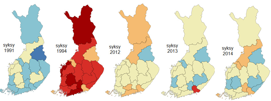 Aluebarometri 2015 luottamus talouteen, työllisyyteen ja investointeihin alueilla vuosina 1991-2014