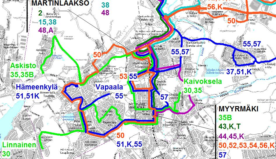 15 Kuva 12. Myyrmäen alueen sisäiset linjat syksyllä 2012. Kuva 13. Myyrmäen alueen seutulinjat syksyllä 2012.