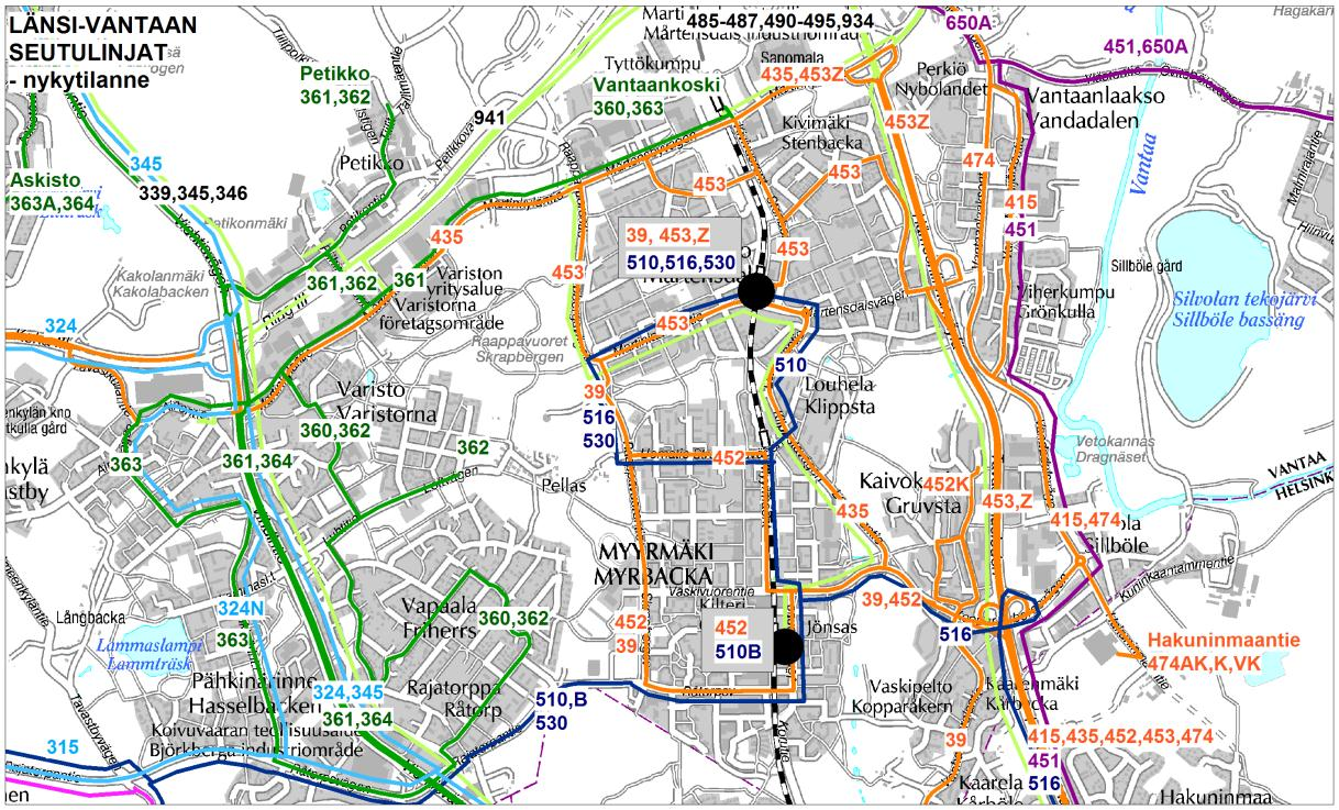 Linja 300N liikennöi reittiä Elielinaukio Pitäjänmäki Pähkinärinne Hämeenkylä Rajatorppa Elielinaukio ja linja 400N reittiä