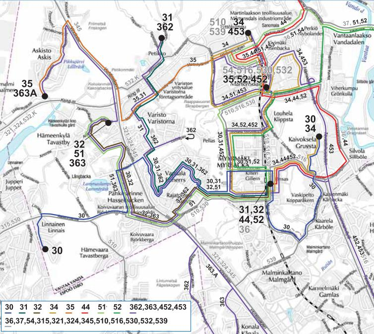 21 Kuva 16. Vantaan linjastosuunnitelmassa 2008 2013 esitetty Myyrmäki Martinlaakso-alueen linjasto (YTV 17/2008).