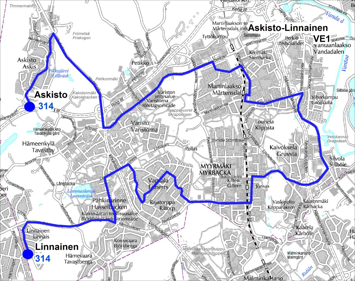 36 Kuva 23. Linjastovaihtoehto 1 Linnaisissa ja Askistossa.