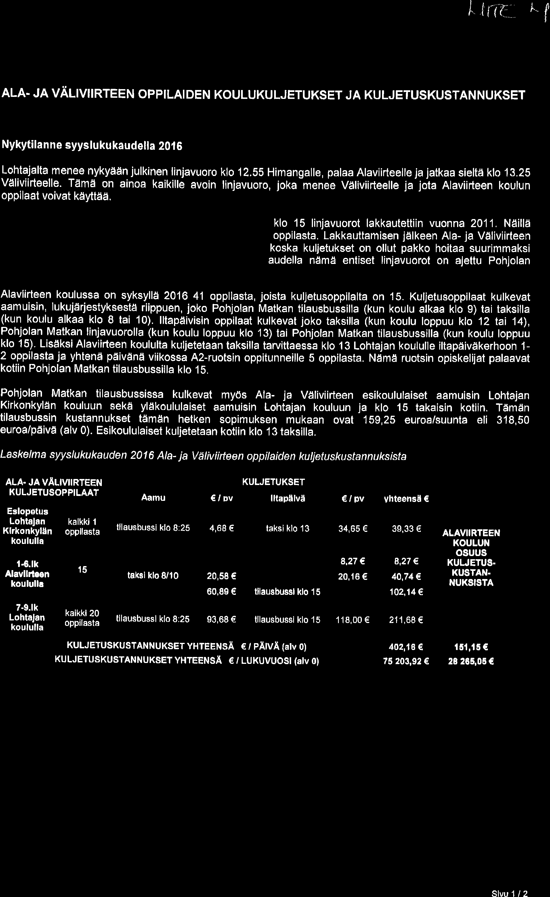 I li"i ' Å" fl ALA- JA VÄTVIIRTEEN OPPILAI DEN KoULUKU LJETUKSET JA KULJETUSKUsTAN NUKsET Nykytilanne syyslukukaudella 2t6 Lohtajalta menee nykyään julkinen linjavuoro klo 12.