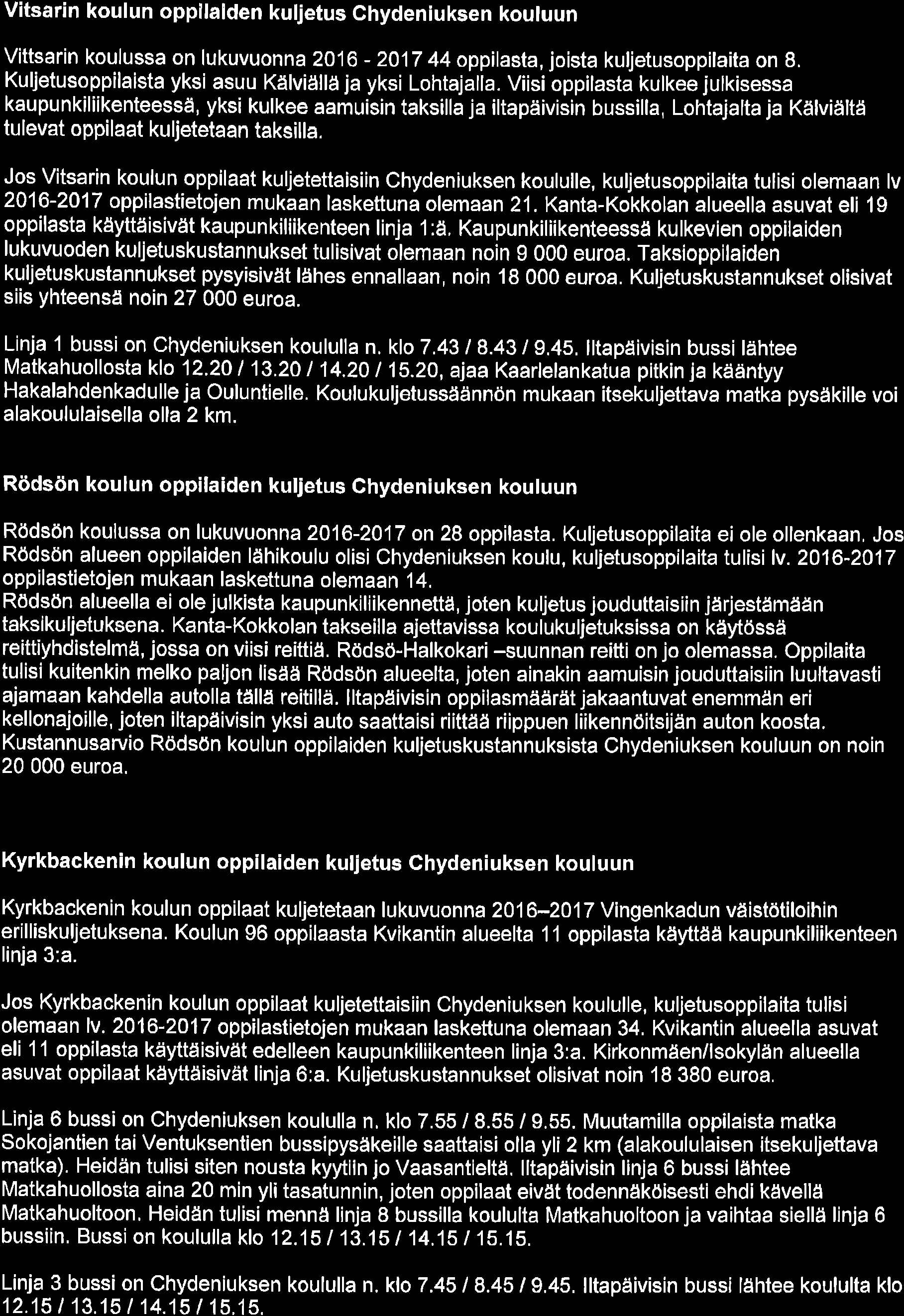 Vitsarin koulun oppilalden kuljetus Ghydeniuksen koutuun Vittsarin koulussa on lukuvuonna 2'16-217 44 oppilasta, joista kuljetusoppilaita on 8.