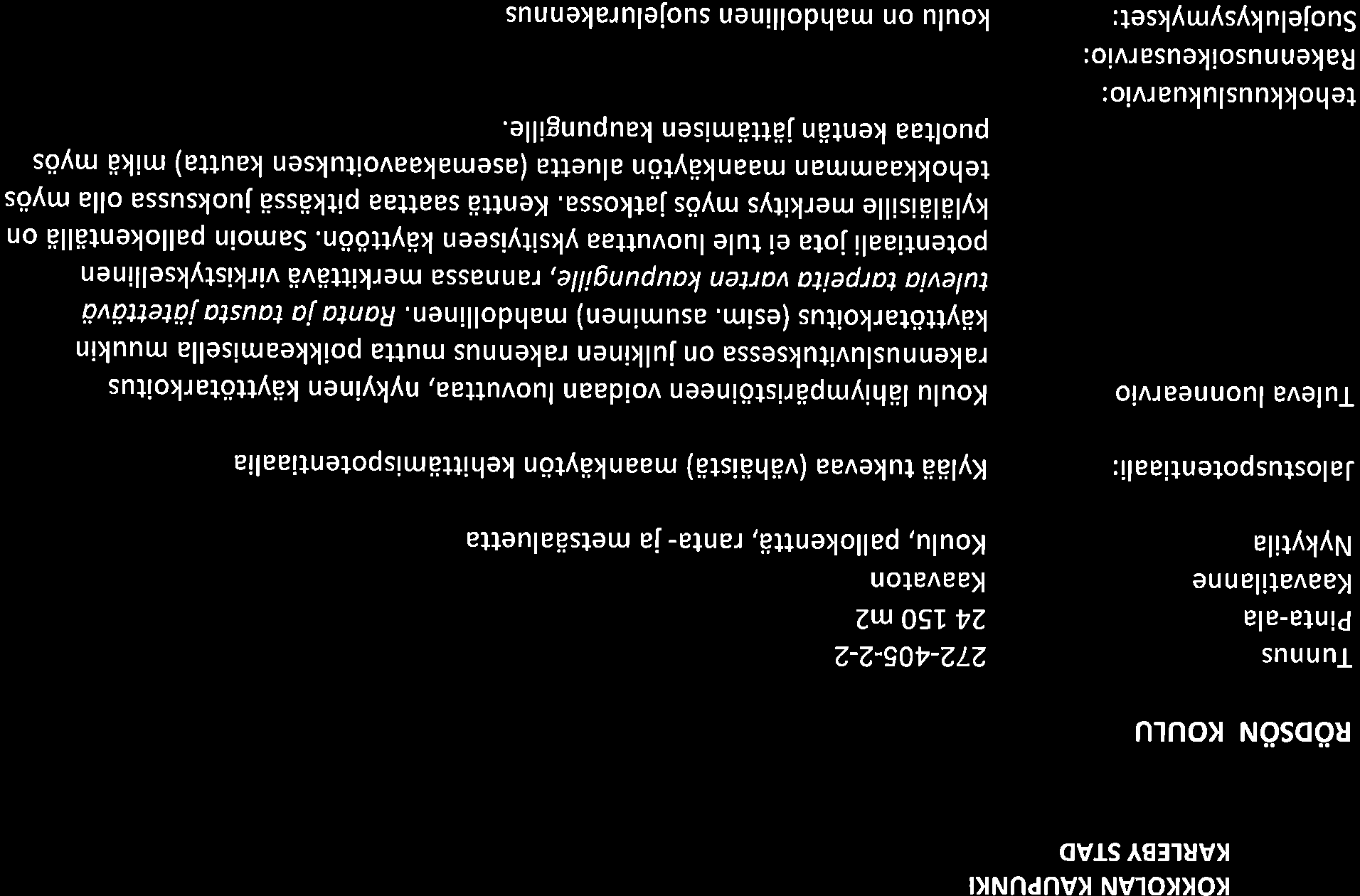 KOKKOLAN KAUPUNKI KARTEBY STAD RöDSöN KoULU Tunnus Pinta-a la Kaavatila n ne Nykytila 272-45-2-2 24 LSO m2 Kaavaton Koulu, pallokenttä, ranta- ja metsäaluetta Ja lostuspotentiaali: Kylää tukevaa