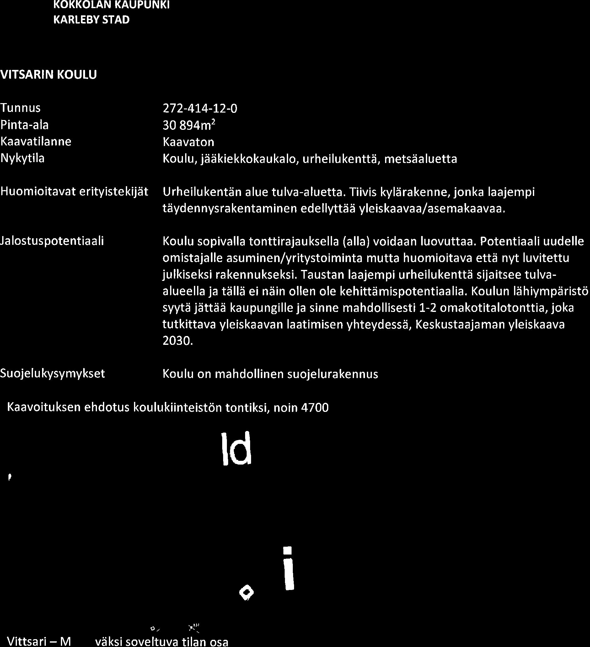 KOKKOTAN KAUPUNKI KARTEBY STAD VITSARIN KOULU Tunnus Pinta-ala Kaavatilanne Nykytila Huomioitavat erityistekijät Ja lostuspotentiaali Suojelu kysymykset 272-4I4-L2-3 894m2 Kaavaton Kou lu,