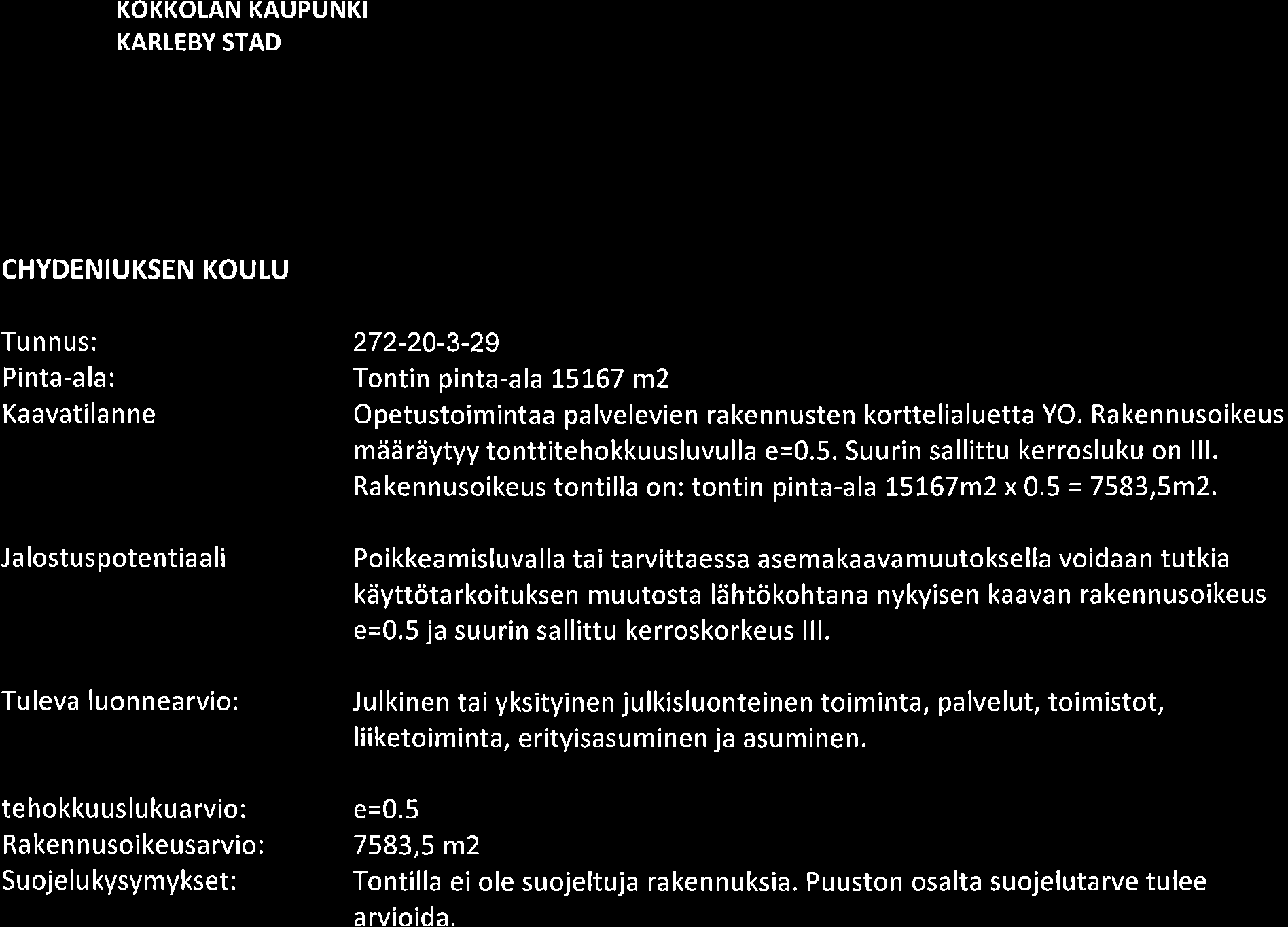 KOKKOTAN KAUPUNKI KARTEBY STAD CHYDENIUKSEN KOULU Tunnus: Pinta-ala: Ka avati la n ne Ja lostuspotentiaa li Tuleva luonnearvio: 272-2-3-29 Tontin pinta-ala L5167 m2 Opetustoimintaa palvelevien