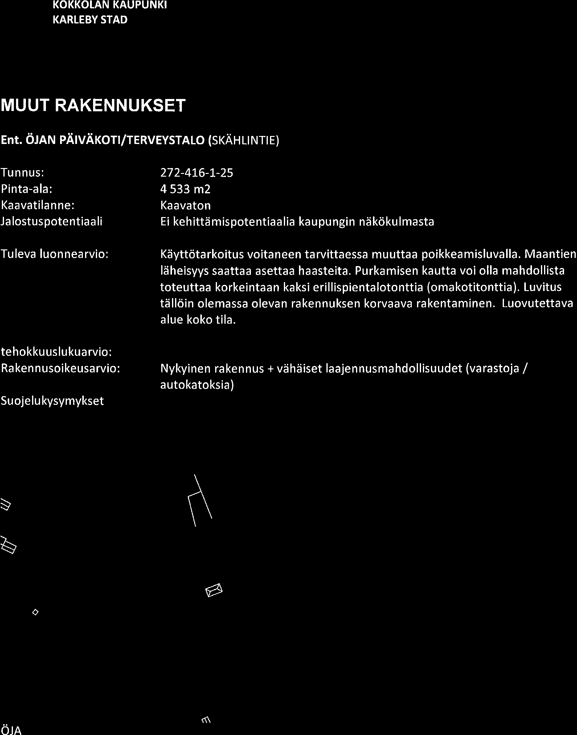 KOKKOTAN KAUPUNKI KARLEBY STAD MUUT RAKENNUKSET Ent. öjan pärväkofl/terveysralo (skähltntte) Tunnus: Pinta-ala: Kaavatila n ne: Ja lostuspotentiaa li 272-4L6-1.