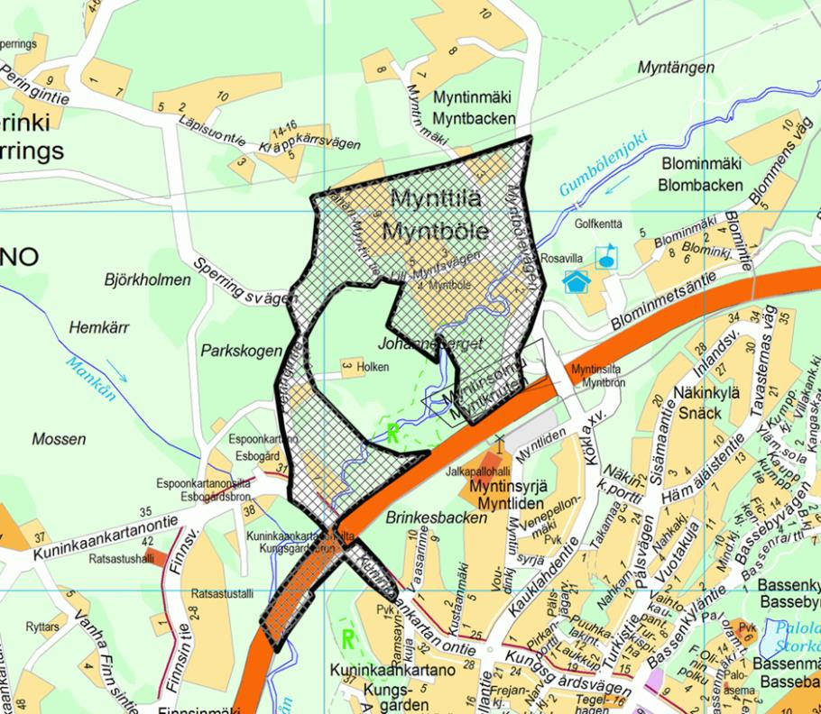 Kaupunkisuunnittelulautakunta 08.06.2016 Sivu 3 / 3 Suunnittelualueen likimääräinen sijainti Espoon opaskarttapohjalla: Mynttilä - Myntböle, asemakaava, 70.