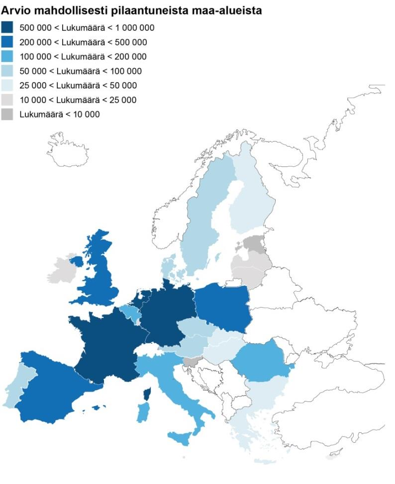 Kuva 13. Mahdollisten pilaantuneiden maa-alueiden määrät Euroopan unionin jäsenvaltioissa (Euroopan komissio, 2014).