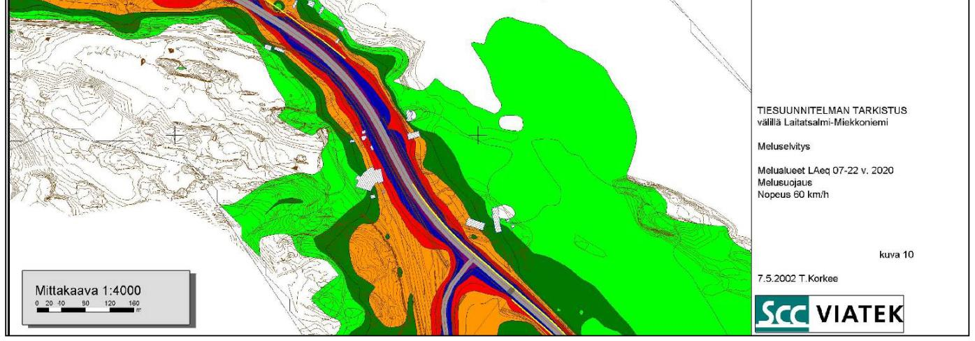 Tiesuunnitelman tarkistuksen meluselvitys, v. 2002, ennuste ilman meluntorjuntatoimenpiteitä. Meluntorjuntatoimenpiteet on tehty Hevonpäänniemen asuinalueen kohdalle. 3.