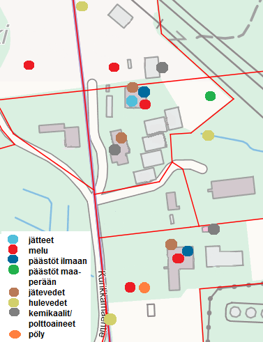 Kuva 6. Toiminnan päästölähteet ja mahdolliset päästölähteet. (Kuvakaappaus Karttaikkunasta; kuva muokattu). 4.1.