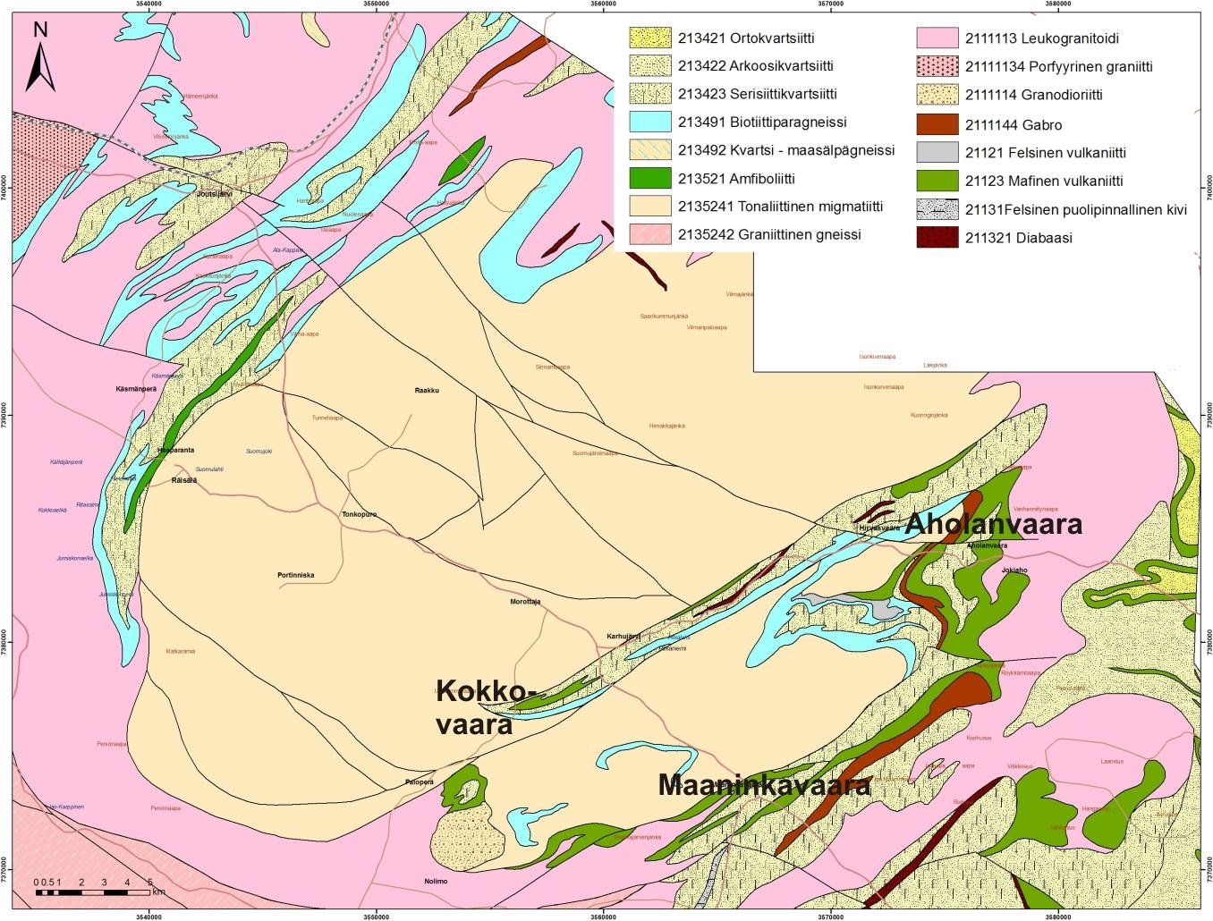 GEOLOGIAN TUTKIMUSKESKUS 16 kuuluviksi tulkitut sillimaniittipitoiset serisiittikvartsiitit ja kiillegneissit, joita on myös tonaliittisten gneissien joukossa.