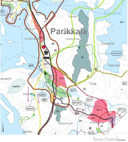 Kuva 1. Ote vimassa levasta maakuntakaavasta Maakuntakaavaan n sitettu myös maakunnallisesti arvkas harjualue ge/h, jka n päällekkäinen TP-1 alueen kanssa.