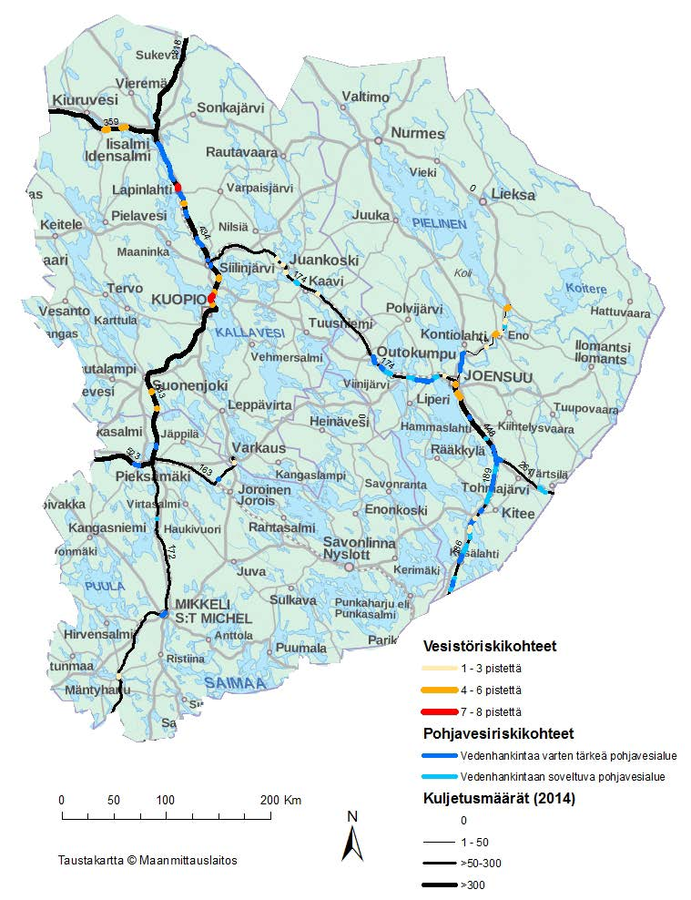 VAARALLISTEN AINEIDEN RAUTATIEKULJETUKSET Eniten kuljetuksia Pkm-Kuopio- Siilinjärvi rataosuudella (>500 tuhatta tonnia/vuosi) Kuljetettavat aineet vaihtelevat alueittain Vesistöriskikohteita
