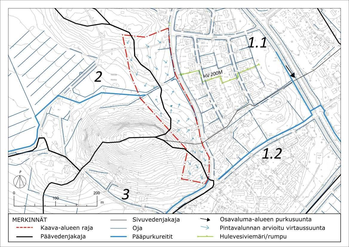 2.1.2017 7 (17) 3.4 Suunnittelualueen pintavalunta ja purkureitit Kuva 7. Suunnittelualueen läheiset ojat sekä sadevesiviemärit ja nykyiset pintavirtausreitit.