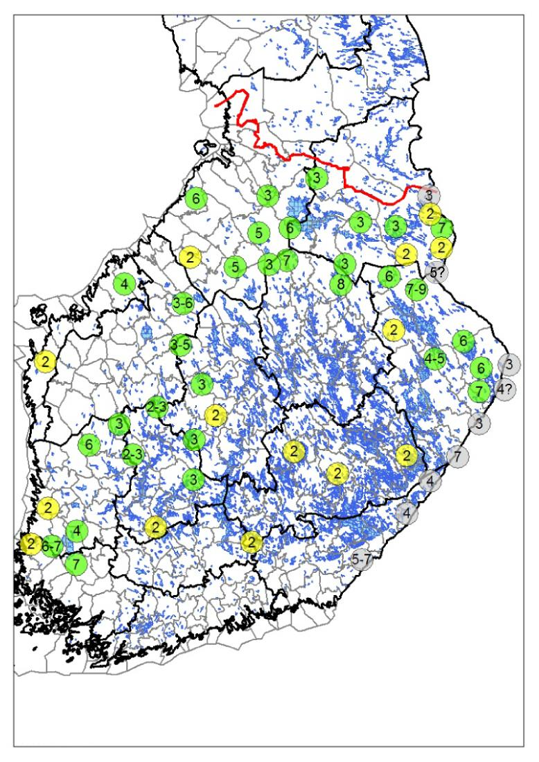 Kuva. Susilaumat ja kahdestaan liikkuvat sudet marras-joulukuussa 2008. Vihreät symbolit viittavat laumoihin, keltaiset kahdestaan liikkuviin susiin.