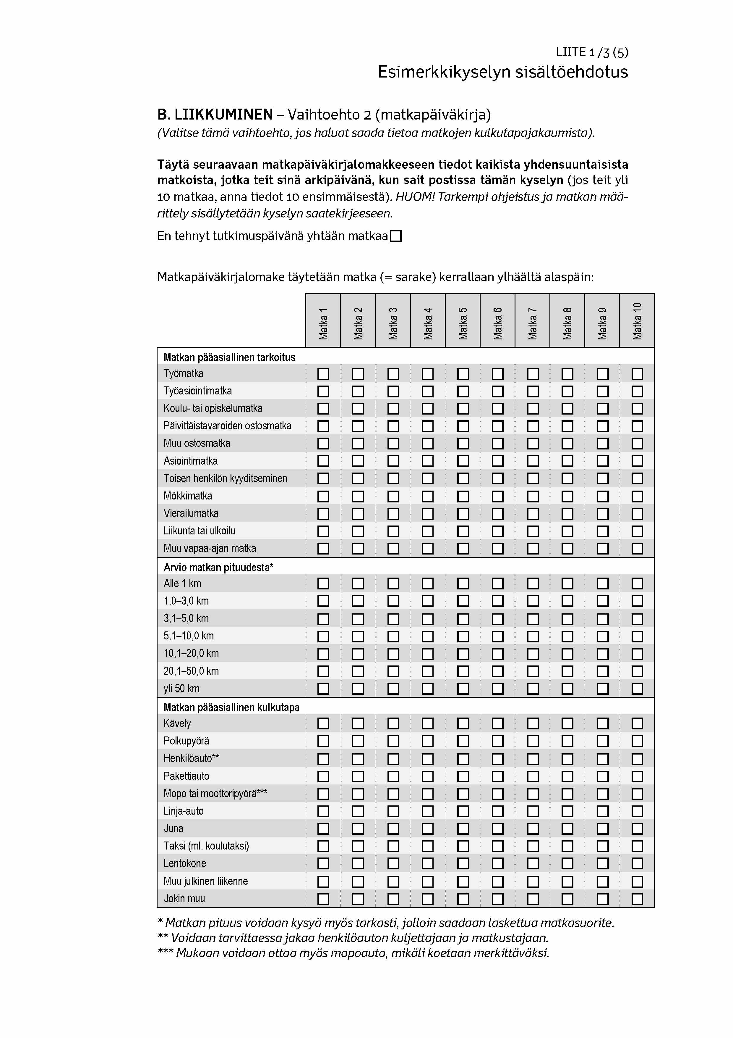 L IIT E 1 / 3 ( 5 ) Esimerkkikyselyn sisältöehdotus B. LIIKKUMINEN - Vaihtoehto 2 (matkapäiväkirja) (Valitse tämä vaihtoehto, jo s haluat saada tietoa matkojen kulkutapajakaumista).